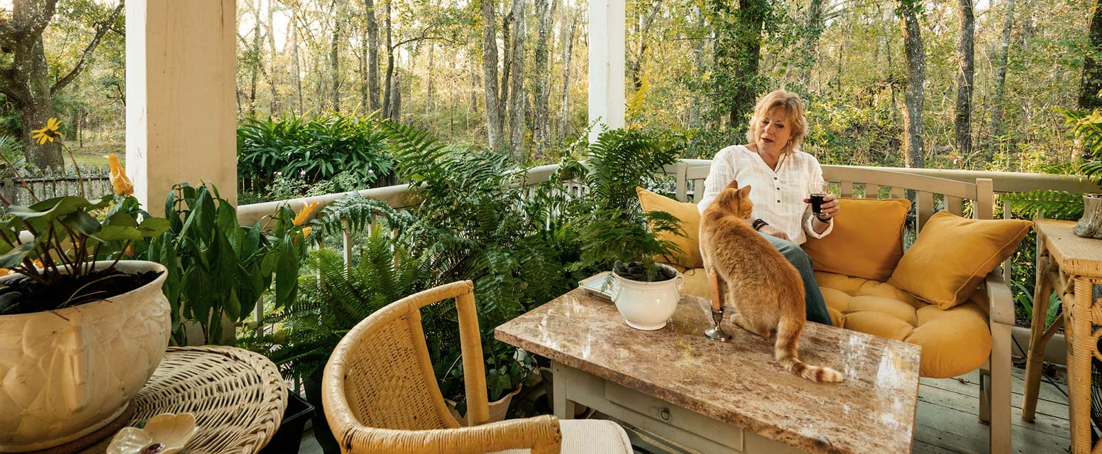 Person lounging on their porch with their cat.